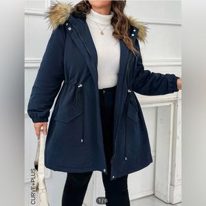 Plus Drawstring Waist Fuzzy Trim Hooded Parka Coat